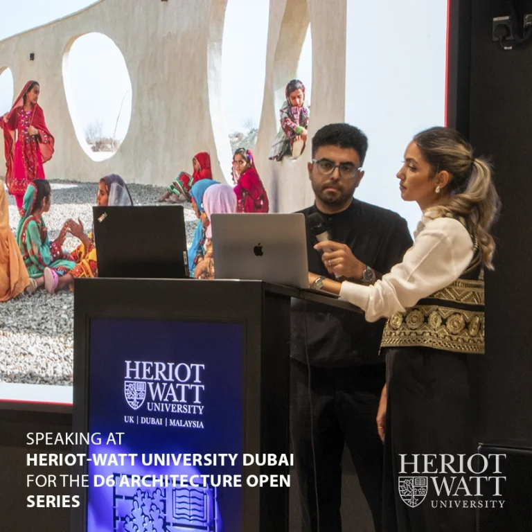 Naghmeh Olfat and Masih Mostajeran speaking at Heriot-Watt University Dubai during the D6 Architecture Open Series 2025–2026.