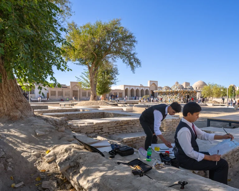 Wide view of Bukhara’s historic heritage district restored for the Bukhara Biennale under waiwai’s architectural direction, photographed by award-winning architectural photographer Deed Studio.