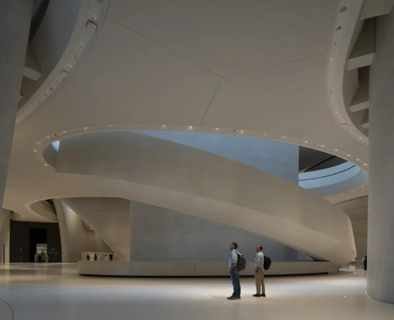 the Zayed National Museum in Abu Dhabi, designed by Foster + Partners, showcasing the five soaring falcon-wing-inspired steel structures and its contextual location in the Saadiyat Cultural District 11