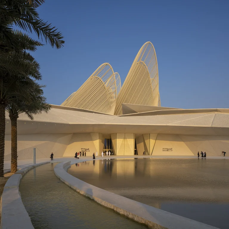 the Zayed National Museum in Abu Dhabi, designed by Foster + Partners, showcasing the five soaring falcon-wing-inspired steel structures and its contextual location in the Saadiyat Cultural District 11