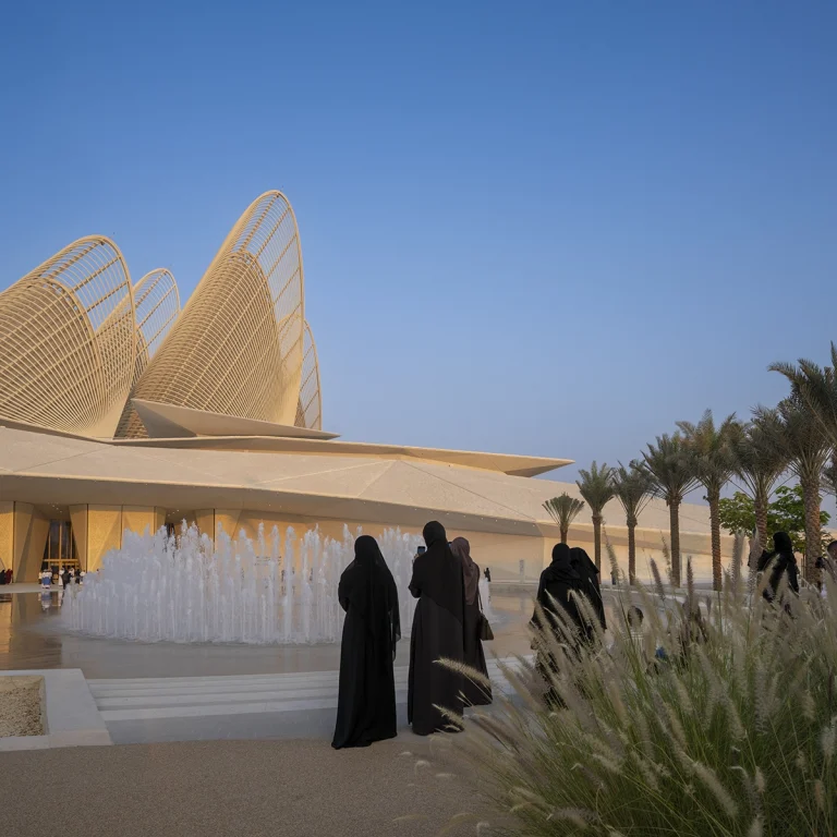 the Zayed National Museum in Abu Dhabi, designed by Foster + Partners, showcasing the five soaring falcon-wing-inspired steel structures and its contextual location in the Saadiyat Cultural District 11