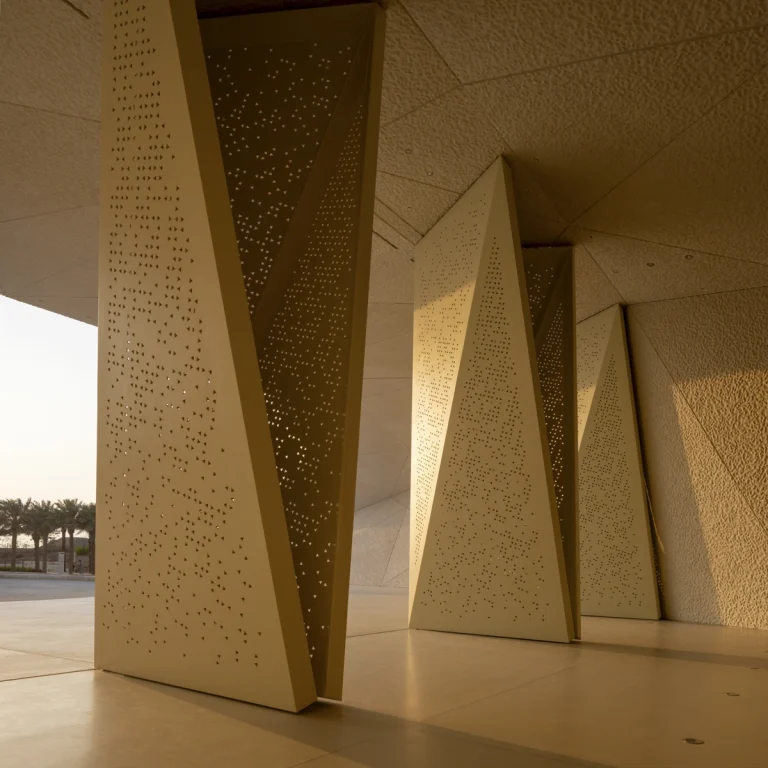 the Zayed National Museum in Abu Dhabi, designed by Foster + Partners, showcasing the five soaring falcon-wing-inspired steel structures and its contextual location in the Saadiyat Cultural District 11