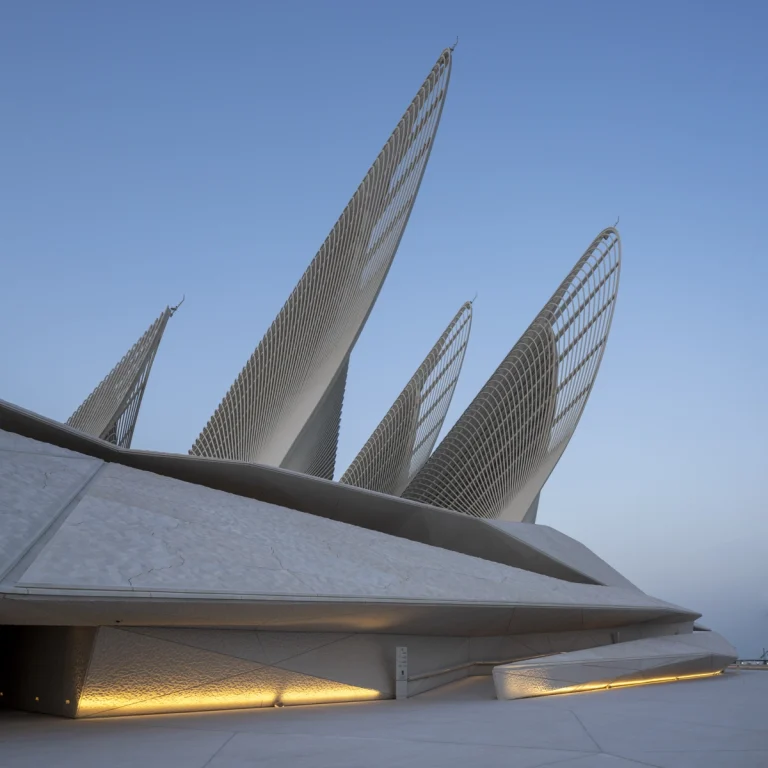 the Zayed National Museum in Abu Dhabi, designed by Foster + Partners, showcasing the five soaring falcon-wing-inspired steel structures and its contextual location in the Saadiyat Cultural District 11