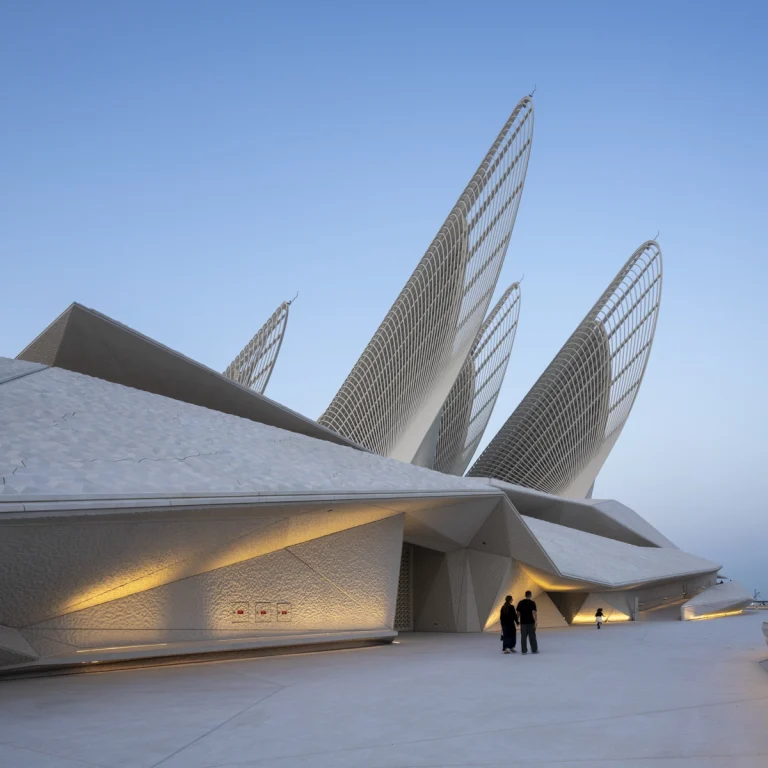 the Zayed National Museum in Abu Dhabi, designed by Foster + Partners, showcasing the five soaring falcon-wing-inspired steel structures and its contextual location in the Saadiyat Cultural District 11