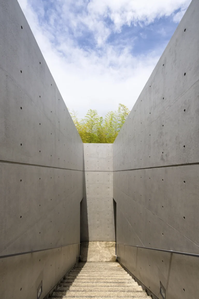 Water Temple in Awaji, Japan designed by Tadao Ando, with a circular lotus pond concealing an underground sanctuary, emphasizing minimalism and spatial sequence.